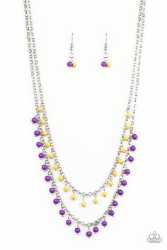 DAINTY DISTRACTION - PURPLE A row of dainty yellow beads gives way to a row of vivacious purple beads, layering into a vivacious fringe below the collar. Features an adjustable clasp closure. Sold as one individual necklace. Includes one pair of matching earrings. P2DA-PRXX-110XX Summer Beads, Yellow Necklace, Purple Beads, Purple Necklace, Paparazzi Accessories, Bright Purple, Seed Bead Necklace, Necklace Dainty, Paparazzi Jewelry