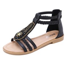 This wedge sandal doesn't just look refined classy, they are also very useful.Because these are perfect for wedding shoes, bridal wedding shoes, bridesmaid shoes, wedding guest shoes, mother of the bride shoes, or mother of the groom shoes.These wedge sandals are incredible as them with a casual outfit by the beach, with a pretty sundress on a cruise, or pair them with a chic outfit to sightsee in a city in summer. These summer bling wedge sandals are perfect for a nice sunny day walk or a ni... Womens Sandals Flat Summer, Apricot Heels, Big Size Fashion, Summer Sandals Flat, Flat Gladiator Sandals, Black Beach, Roman Sandals, Beaded Sandals, Rhinestone Sandals