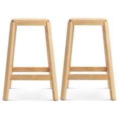 two wooden stools sitting side by side on a white background, one is empty and the other has no legs