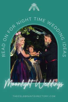 a man and woman standing next to each other in front of a green background with the words, read on for night time wedding ideas