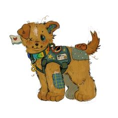 a drawing of a brown dog wearing a harness and vest with patches on it's chest