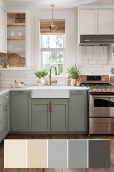 a kitchen with gray cabinets, white walls and wooden floors is shown in this image