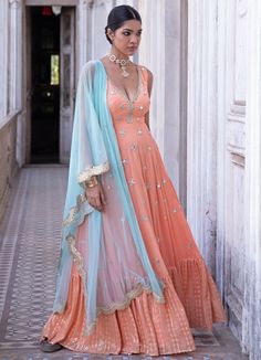 Nitara Tangerine and Mint Anarkali Set Renee - Fabilicious Fashion Sleeveless Anarkali, Peach Anarkali, Mum Wedding, Scallop Border, Velvet Dress Designs, Georgette Dupatta, Boutique Ideas, Long Kurti Designs, Vacuum Storage