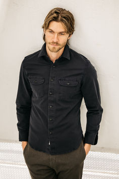 Japanese Denim, American Built. Relaxed Fit Military Cotton Top, Relaxed Fit Cotton Military Top, Unstructured Black Tops With Pockets, Black Washed Button-up Shirt, Washed Black Cotton Shirt With Pockets, Washed Black Tops With Pockets For Work, Military Style Cotton Shirt With Relaxed Fit, Military Style Relaxed Fit Cotton Shirt, Black Washed Shirt For Fall