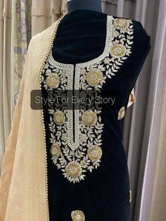 Item Overview ATHARVA Hand Embroidery Salwar Kameez Velvet/Black Velvet Shirt/Golden Self Silk Bottom & Banarsi Silk Dupatta/Custom Stitch/Patiala VL023 Fabric: * Shirt - Velvet/ Hand Beautiful Embroidered Neck- 2.5 Mts - Golden Dabka Embroidery * Dupatta: Banarsi Dola Silk Dupatta/ - 2.5 Mts- Latkans Tassels/ Moti Lace all Around * Bottom : Self Print Upadda Silk 2.5 Mts. Excusive Hand Embroidered Party Wear Punjabi Suit. Customization: * Fabrics Customization: Designs Can be made in different Ceremonial Chanderi Churidar With Dupatta, Ceremonial Unstitched Churidar With Dabka Work, Ceremonial Dupatta With Dabka Work For Transitional Season, Semi-stitched Embroidered Churidar For Ceremonial Occasions, Ceremonial Salwar Kameez With Dabka Work, Ceremonial Anarkali Churidar With Zari Work, Anarkali Churidar With Dupatta For Ceremonial Occasions, Ceremonial Dupatta With Dabka Work For Diwali, Elegant Ceremonial Dupatta With Dori Work