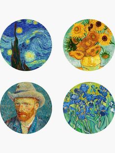 four round paintings depicting three different types of flowers and one with a hat on it