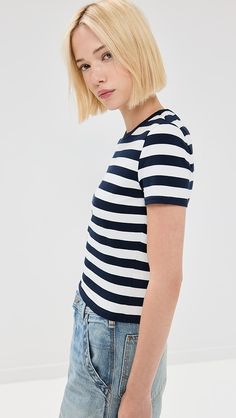 Denimist Striped Baby Tee | Shopbop Casual Short Sleeve Top For Summer, Casual Short Sleeve Summer Top, Casual Short Sleeve Crew Neck Top In Elastane, Stretch Striped Short Sleeve T-shirt, Striped Stretch T-shirt With Short Sleeves, Striped Stretch Short Sleeve T-shirt, Stretch Cotton Short Sleeve Crop Top, White Fitted Cropped T-shirt With Short Sleeves, Fitted Striped Short Sleeve T-shirt