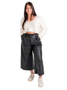 Chic wide leg faux leather pants. With a stunning smocked waste and pleated detailing, our Lucy Leather Pants are perfect for your night out or holiday occasion. Basic Sweater, Basic Sweaters, Blowout Sale, Pants Large, Faux Leather Pants, Shoe Collection, Vneck Sweater, Neck Sweater, Clothes For Sale