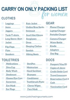 the packing list for women is shown in blue and white with text that reads carry on only