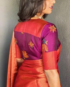 Threadwork Saree Blouses, Orange Choli Designs, Two Colours Blouse Designs, Trendy Blouse Designs For Silk Sarees, Colour Blouse Designs, Patchwork Blouse Designs