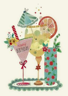 a birthday card with two cocktails and an umbrella