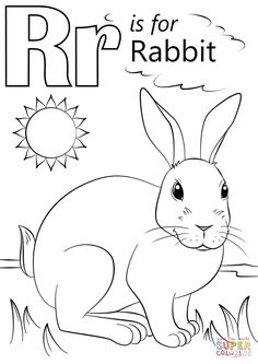 the letter r is for rabbit coloring page with an image of a bunny sitting in grass