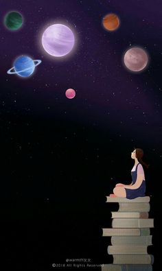 a woman sitting on top of a stack of books in front of the solar system