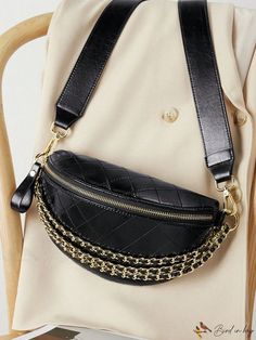 BirdinBag - Black Quilted Waist Bag with Sophisticated Chain Decoration Elegant Large Capacity Belt Bag For Daily Use, Chic Satchel Bag With Chain Detail, Chic Satchel Bag With Chain, Chic Rectangular Belt Bag With Chain Strap, Chic Large Capacity Belt Bag Satchel, Chic Large Capacity Satchel Belt Bag, Office Crossbody Shoulder Bag With Gold Chain, Daily Use Belt Bag With Chain Strap, Versatile Office Shoulder Bag With Chain Strap