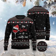 an ugly sweater that says the wine is me with a glass of red wine on it