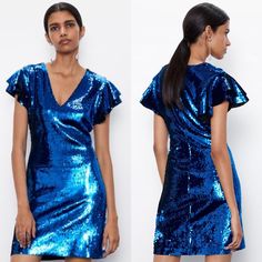 Zara Sequin Mini Short V-Neck Dress Ruffled Short Sleeve Blue Nwt. Short Dress With A V-Neckline And Short Ruffled Sleeves. Condition Is New With Tags. Mini Short, Ruffle Shorts, Ruffled Sleeves, Sequin Mini, Zara Dresses, V Neck Dress, Ruffle Dress, Short Dress, Neck Dress