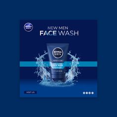 the new men's face wash is in front of a blue background with water splashing on it