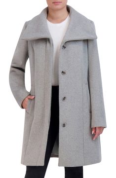 A showy collar and shapely seaming animate a wool-kissed coat that you'll reach for regularly. 36" length Front button closure Spread collar Front welt pockets Lined 65% polyester, 30% wool, 5% unidentified fibers Dry clean Imported Convertible Collar, Lapel Coat, Women Overcoat, Wool Blend Coat, Cole Haan, Winter Coat, Light Gray, Blazer Jacket, Convertible