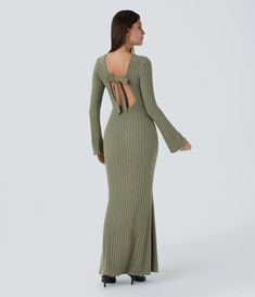 Maxi Casual Dress, Maxi Dresses Casual, Long Sleeve Bodycon, Tie Backs, Tie Back, Ribbed Knit, Casual Dress, Mermaid, Velvet