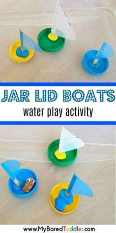 some paper boats that are sitting on top of a plastic bag and the words jar lid boats water play activity