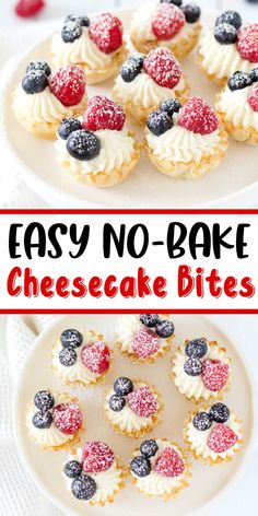 easy no bake cheesecake bites with berries and blueberries on the top are ready to be eaten