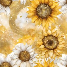 sunflowers with white and yellow petals are on a gold, glittery background