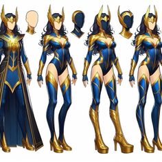 an image of a woman dressed in blue and gold costume with different angles to the side