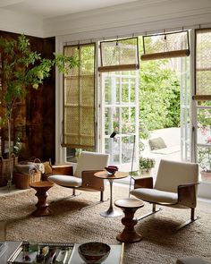 a living room filled with furniture next to a window covered in plants and windowsills