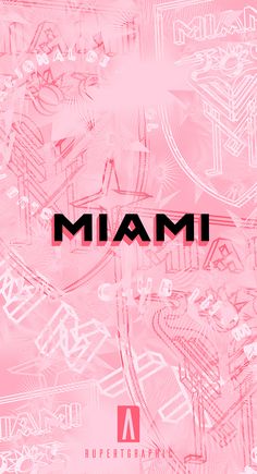 a pink poster with the word miami in black and white on it's side