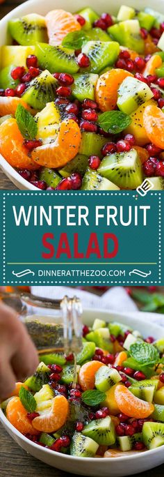 winter fruit salad with oranges, kiwi and pomegranate in a white bowl