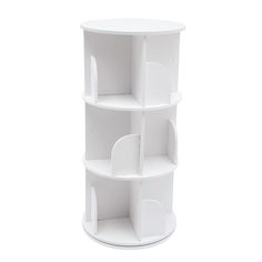 a white shelf with three shelves on each side