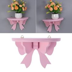 two pictures of pink shelfs with flowers on them