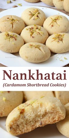 several cookies on a plate with the words nankhatai