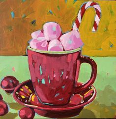 a painting of a red cup with marshmallows and candy cane on it