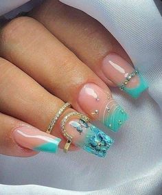 Belle Nails, Quinceanera Nails, Turquoise Nails, Nail Art Designs Summer, Stylish Nails Designs, Colored Acrylic Nails, Summery Nails, Sparkly Nails