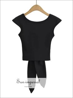 Women’s Sleeveless Backless Cropped Top With Tie Back Detail Sun-Imperial United States Black Stretch Tank Top For Summer, Stretch Black Tank Top For Summer, Summer Black Stretch Tank Top, Black High Stretch Tank Top For Summer, High Stretch Black Tank Top For Summer, Chic High Stretch Black Tank Top, High Stretch Sleeveless Crop Top For Summer, Elegant Black Tank Crop Top, Back Details