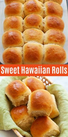 sweet hawaiian rolls in a glass baking dish and on a green towel with text overlay