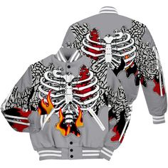 Brand Dunkare Cement Grey 3s Shirt Skeleton Heart On Fire All Over Print Baseball Varsity Jacket Heart On Fire, Skeleton Heart, Varsity Jacket Men, Baseball Varsity Jacket, Cement Gray, Fire Heart, Heart On, On Fire, All Over Print