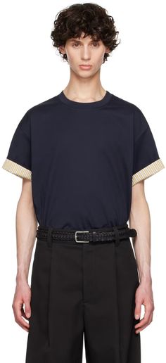 Bottega Veneta: Navy & Yellow Double Layer T-Shirt | SSENSE Relaxed Fit Crew Neck Top With Striped Cuffs, Navy Cotton Top With Striped Cuffs, Crew Neck Tops With Striped Cuffs For Work, Cotton Crew Neck Tops With Striped Cuffs, Classic Crew Neck Tops With Striped Cuffs, Layered T Shirt, Jersey T Shirt, Logo Embroidered, Cotton Poplin