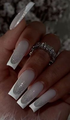 Elegant Holiday Nails Classy, White Base Nail Design, White Long Square Nails, White French With Glitter, Nails Inspiration 2024, Soft Square Nails, Nails With Piercing, Nail Inspo With Charms, White On White Nails