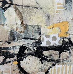 an abstract painting with black, white and yellow colors on it's paper background