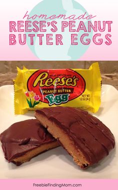 two pieces of chocolate peanut butter eggs on a white plate next to a bag of reese's peanut butter eggs