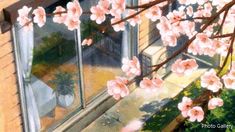 a painting of a window with pink flowers in the foreground and a tree outside