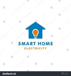 smart home electricity logo design with light bulb inside the house and blue roof on white background