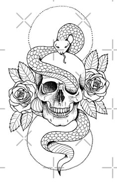 a skull wearing a hat with roses on it and a snake wrapped around the head