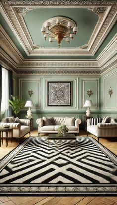 a living room filled with furniture and green walls