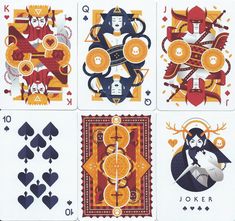 four playing cards with different designs and symbols on the sides, all in orange and blue