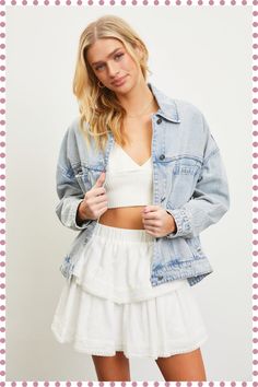 [AffiliateLink] A Classic Denim Jacket But With A Small Twist?! Oh Yesss Please! This Capri Jacket Is Super Flattering Because It's A Perfect Color Going Into Summer And Has A Nice Pleaded Detail Along The Back! No Boxiness Here Sister! Add This Denim Jacket To So Many Outfits All Year Long! Pair Over Your Date Night Dress, Black Skinnies, Or Even A Fun Colored Denim And Graphic Tee. We Also Love Tossing Denim Jackets Over Dresses Or On With Maxi Skirts To Tie #longdenimskirtoutfit Jacket Over Dress, Classic Denim Jacket, Date Night Dresses, Complete Outfits, Romper With Skirt, Outerwear Sweater