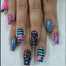 Pretty Hello Nail Design, Stripes And Polka Dots Nail Designs, Pin Stripe Nails, Bright Spring Nail Designs, Nails With Dots Design, Cute Fun Nails, Pink Animal Print Nails, Purple Nail Art Ideas, Animal Print Nail Designs