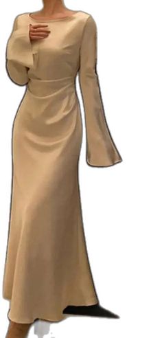 Elegant Beige Maxi Dress For Banquet, Chic Solid Color Evening Dress For Banquet, Elegant Long Sleeve Gold Evening Dress, Elegant Gold Long Sleeve Evening Dress, Gold Long Sleeve Elegant Evening Dress, Long Sleeve Midi Dress For Prom Season, Elegant Long Sleeve Mermaid Wedding Dress, Elegant Long Sleeve Mermaid Evening Dress, Elegant Long Sleeve Mermaid Dress For Wedding